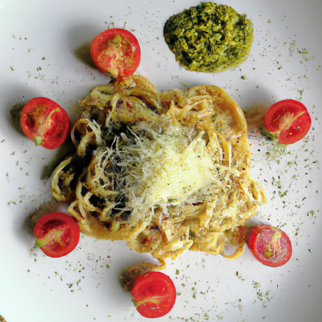 A mouthwatering image of a plate of pasta with colorful ingredients and delicious sauces.