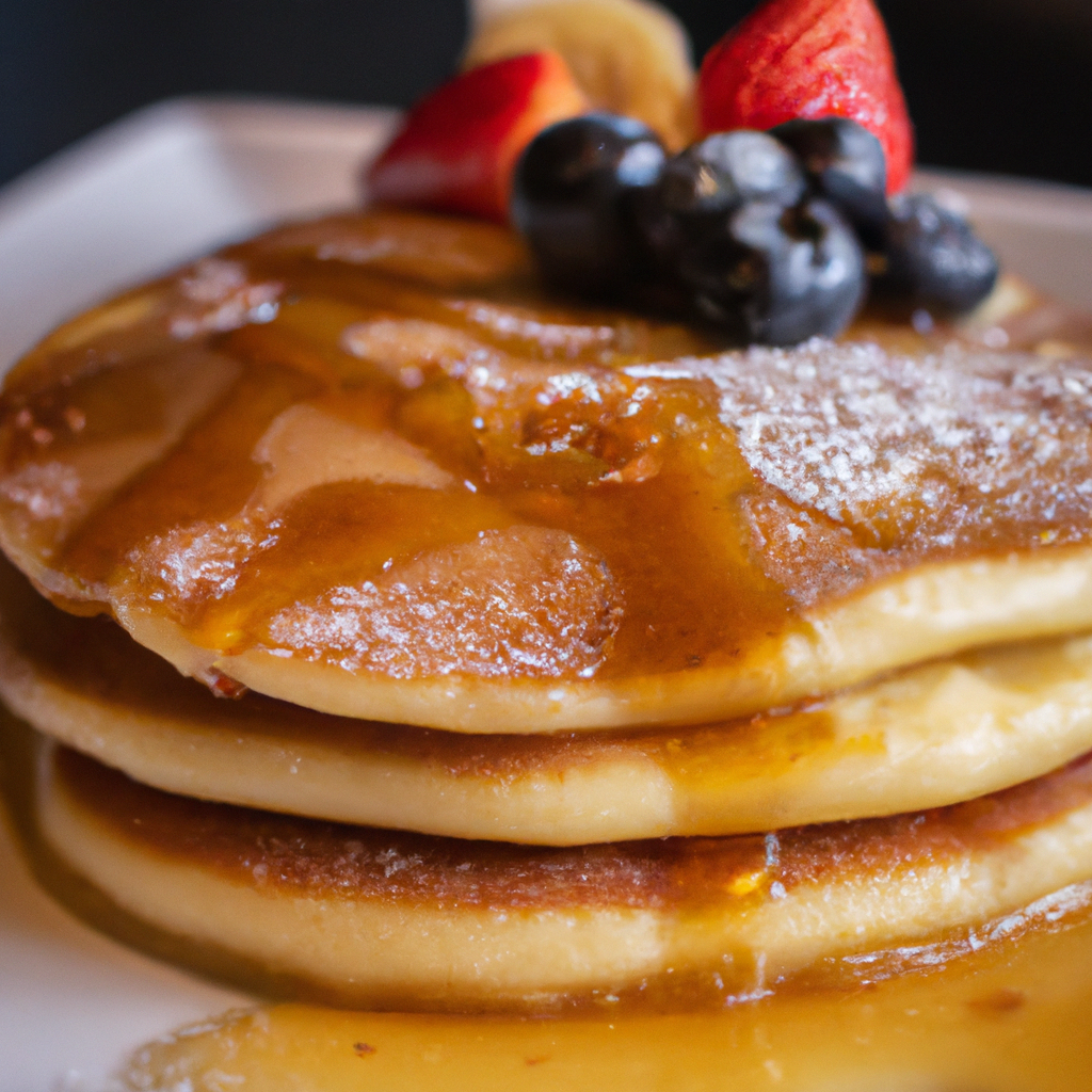 A mouthwatering stack of homemade pancakes, topped with fresh fruit and drizzled with maple syrup.