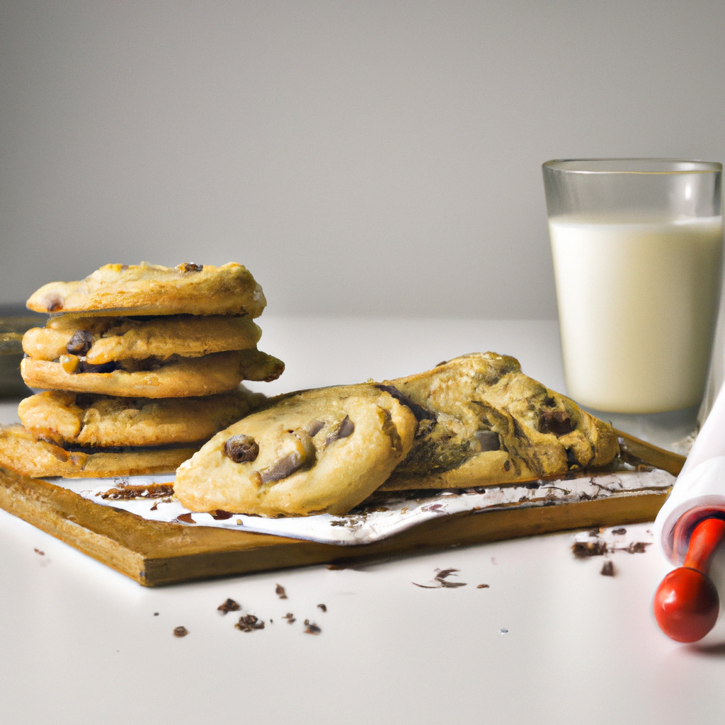 An image of a batch of freshly baked chocolate chip cookies, surrounded by a glass of milk and a rolling pin.