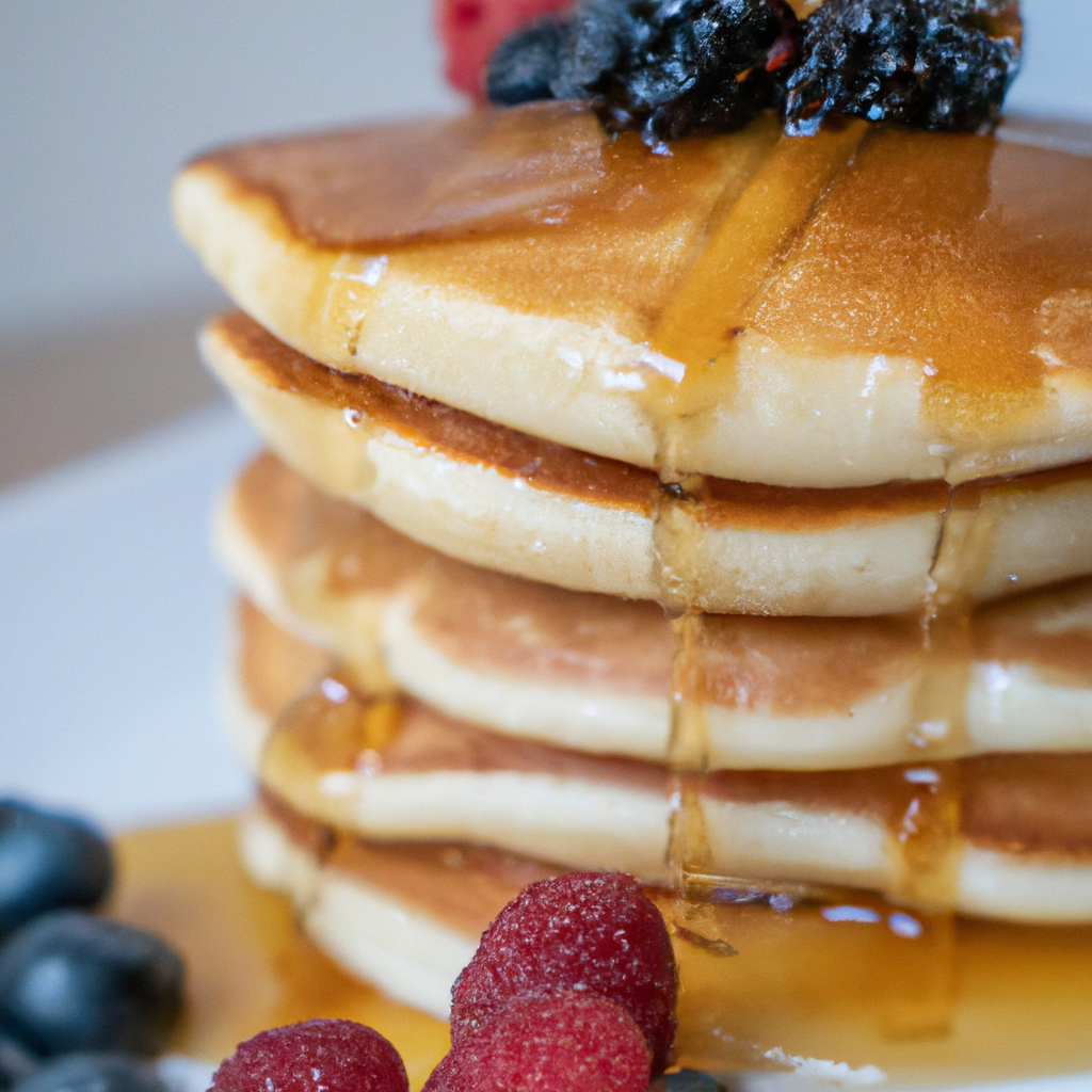 A mouthwatering stack of fluffy pancakes topped with maple syrup and fresh berries.