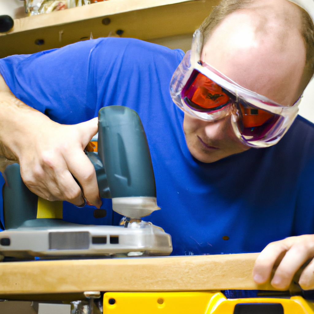 An image of a person wearing safety goggles and using power tools to complete a DIY project.