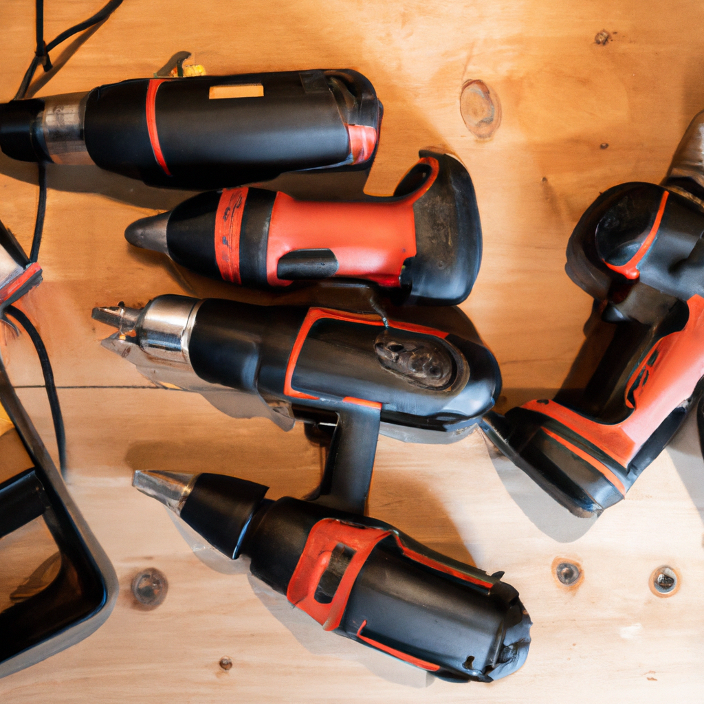 A visual of various power tools in a workshop setting.