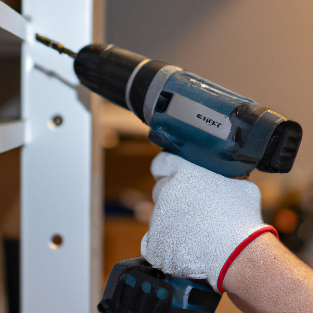 A photo of a person using a power drill to install a shelf.