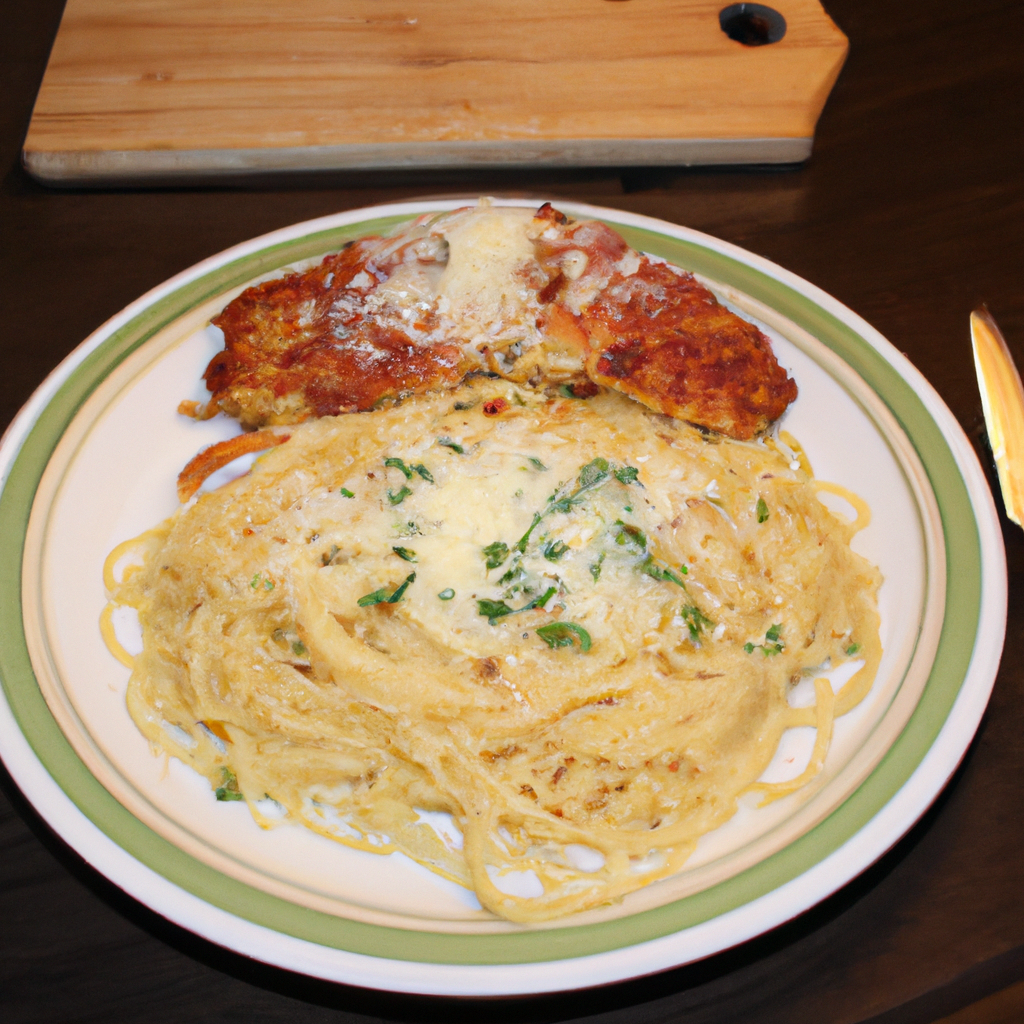 A delicious plate of Easy Homemade Chicken Parmesan served with a side of spaghetti.