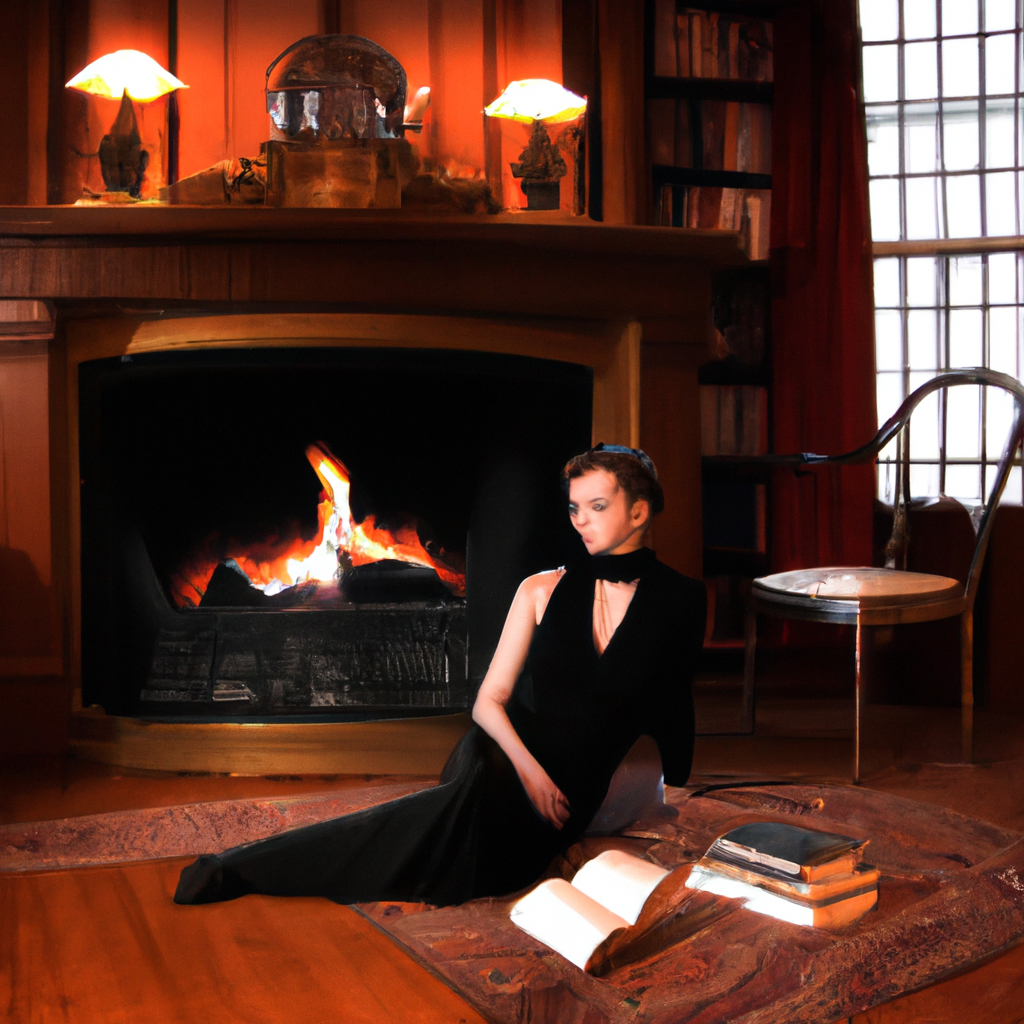 An image of a woman sitting in a luxurious room, surrounded by books and a fireplace.