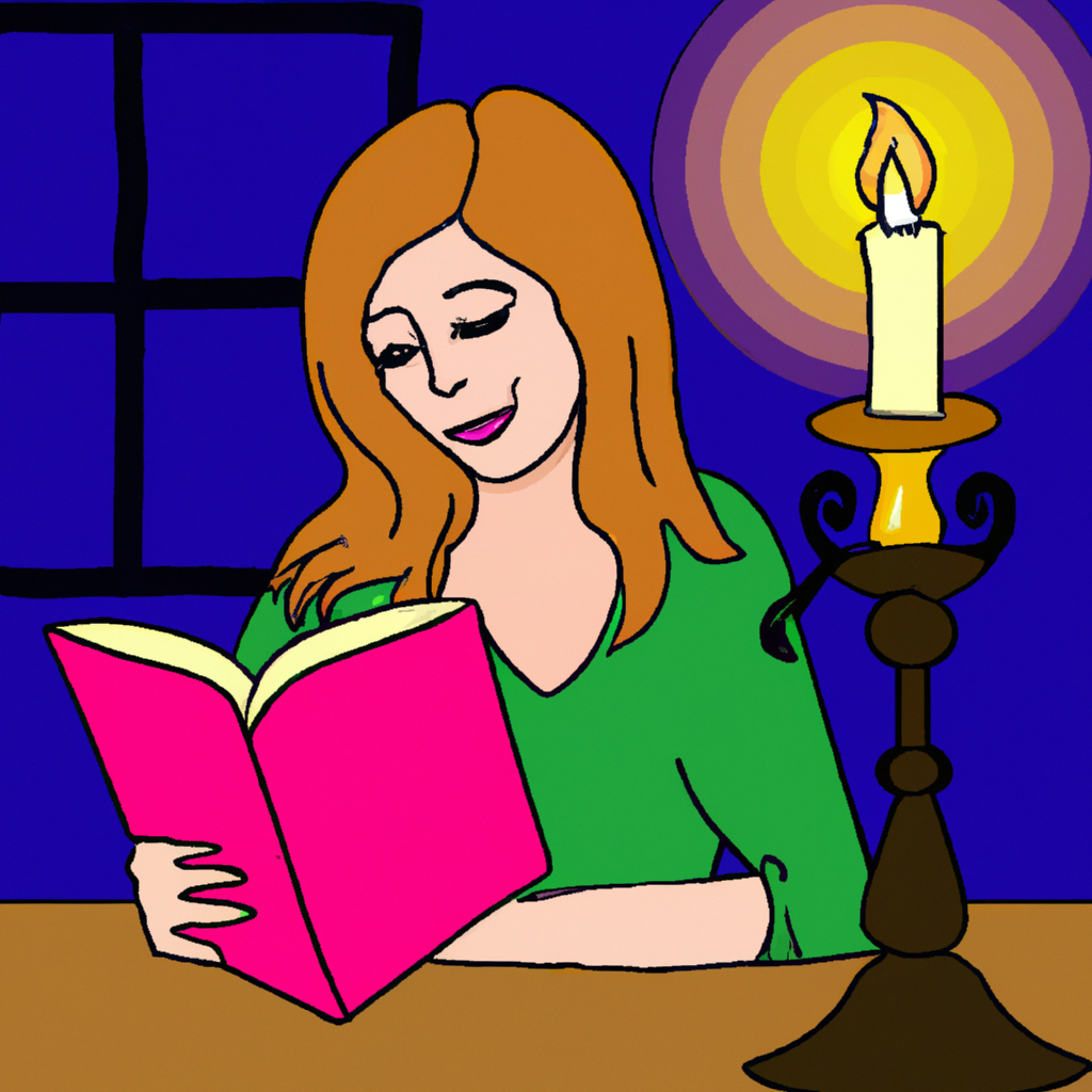An image of a woman reading a classic romance novel by candlelight.