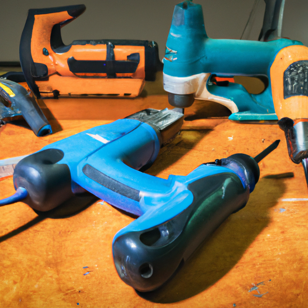 An image of essential power tools lined up on a workbench.