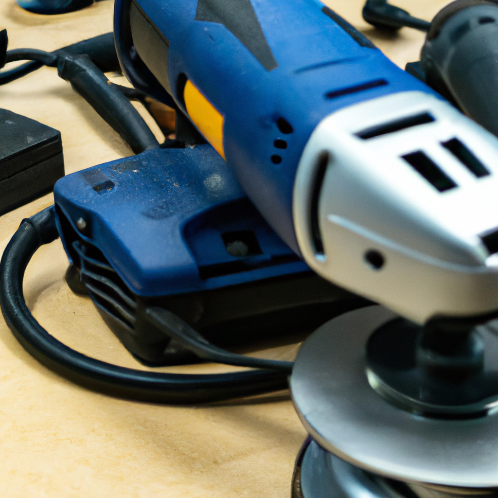 A professional-looking power tool set on a workbench.