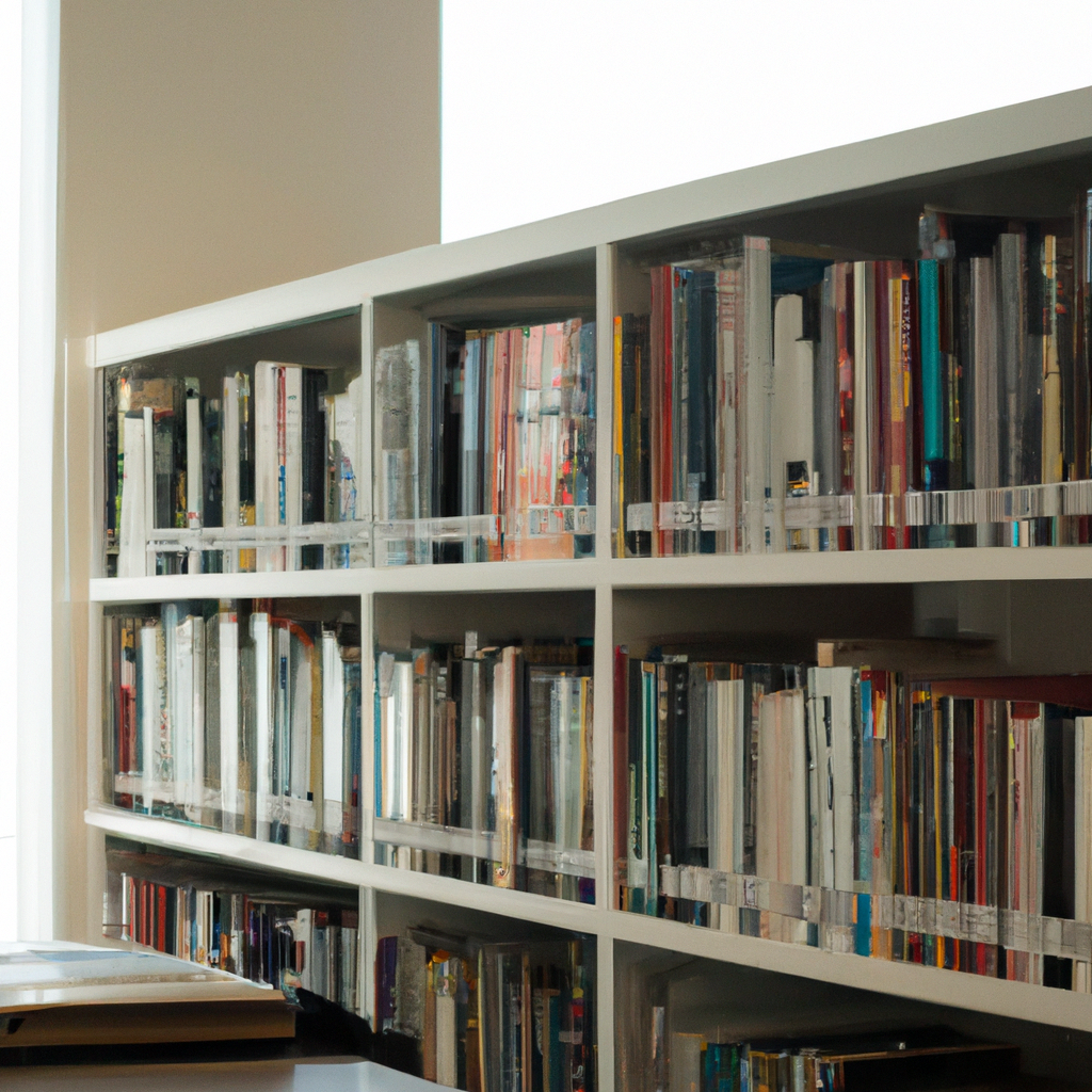 A tranquil library with shelves filled with books, creating a peaceful atmosphere.