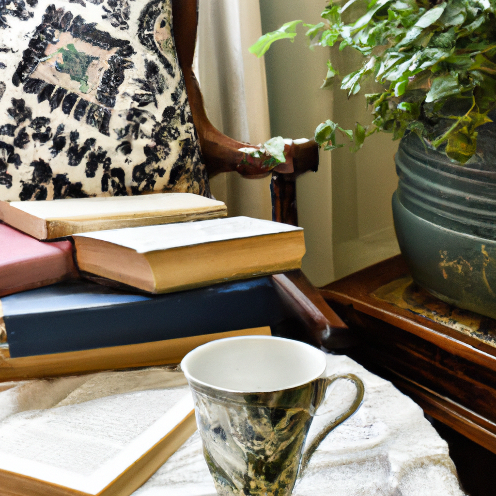 A peaceful and cozy reading nook with a cup of tea and a stack of books.