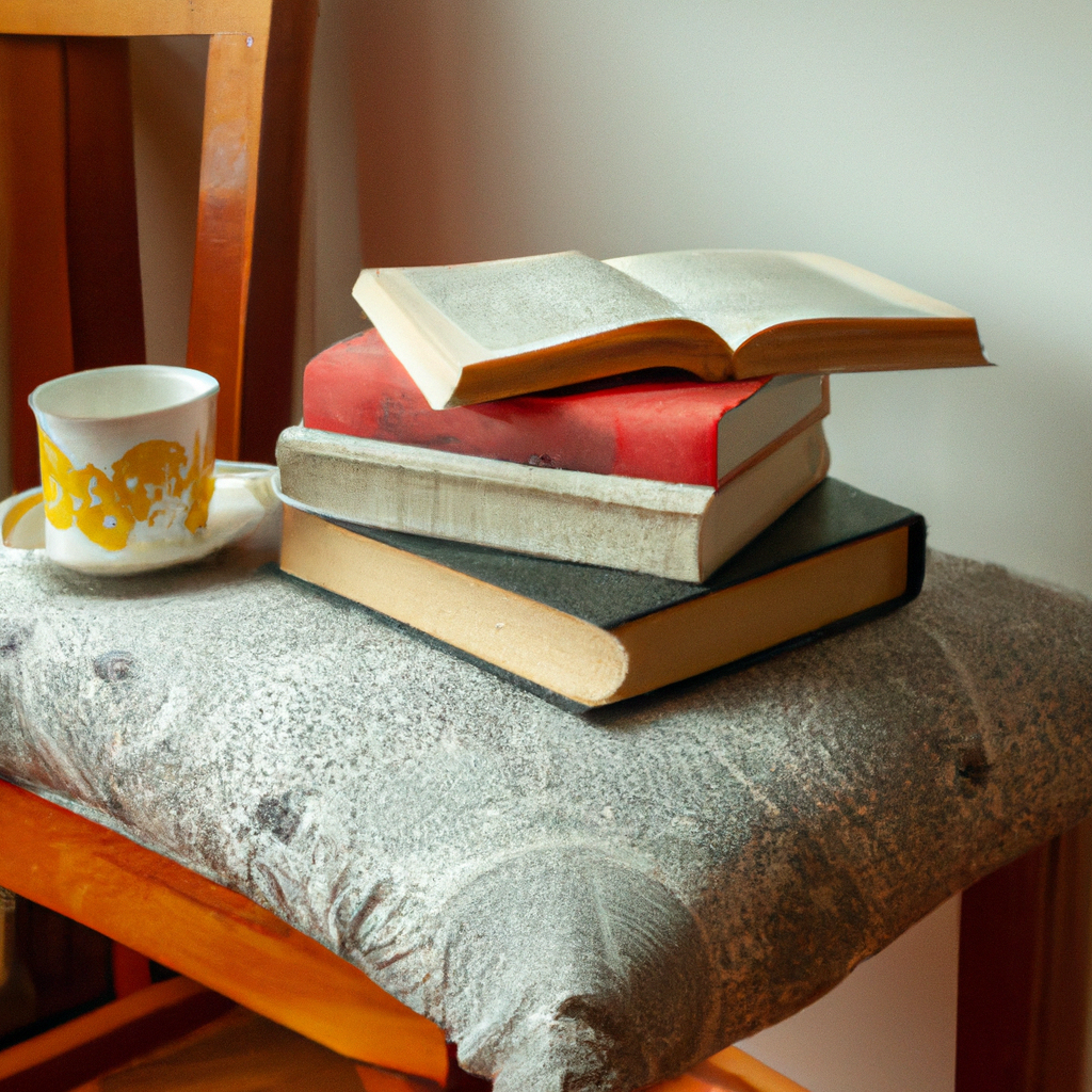A cozy reading nook with a stack of books and a cup of tea
