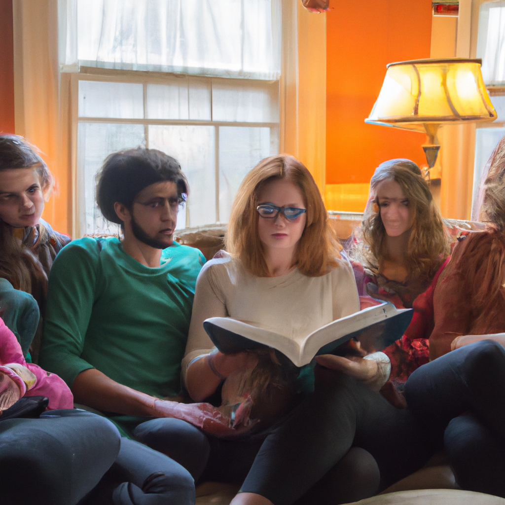 A visually appealing image showcasing a diverse group of people discussing a book in a cozy setting.