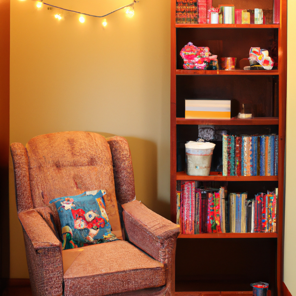 A cozy reading nook with a bookshelf filled with books and a warm cup of tea.