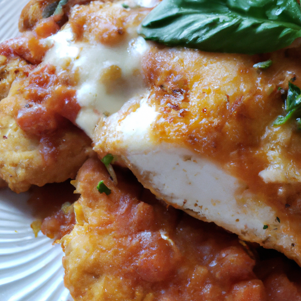 A mouthwatering image of a homemade chicken parmesan dish with crispy breaded chicken, tangy tomato sauce, and melty mozzarella cheese. The dish is garnished with fresh basil leaves.