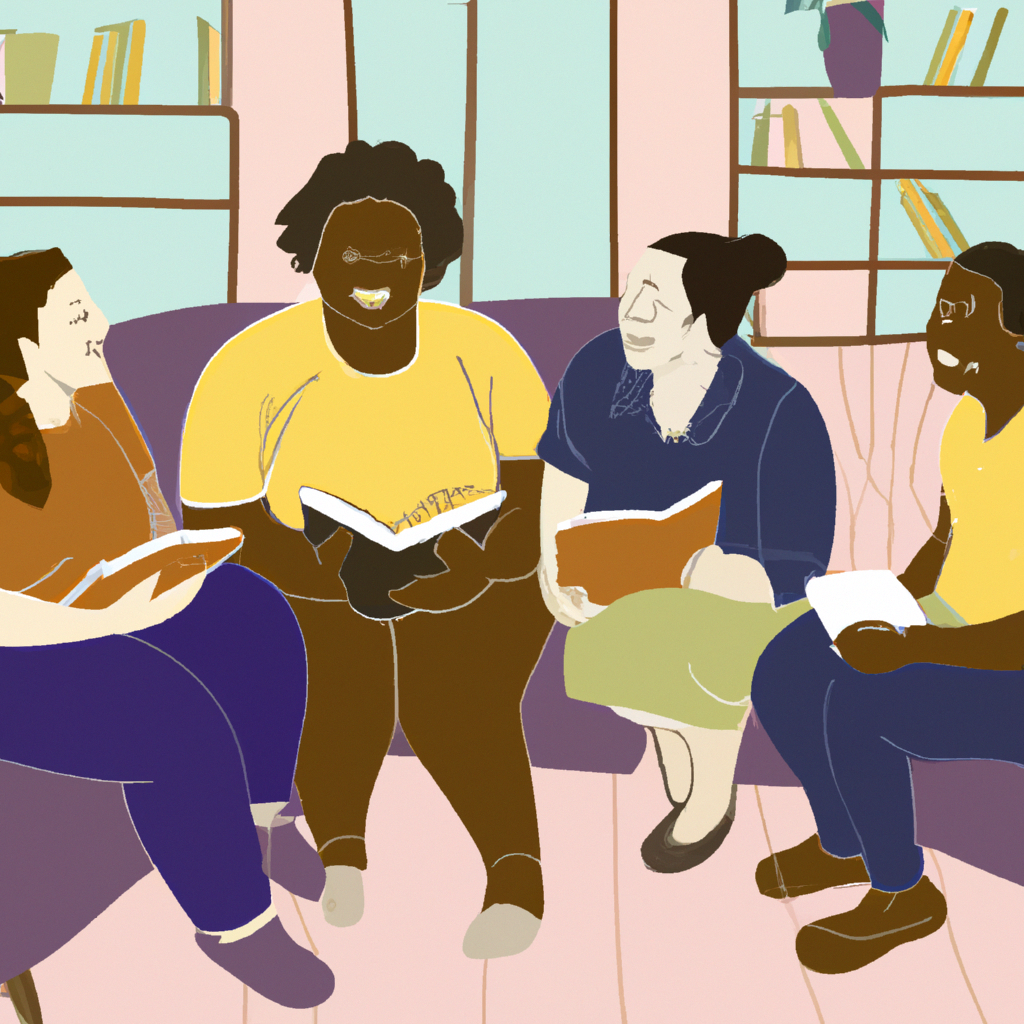 An image of people sitting together in a cozy living room, surrounded by books, engaged in a lively discussion about a book.