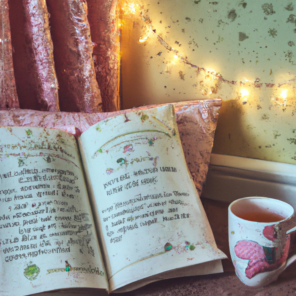 A cozy reading nook with a fairy tale book and a cup of tea