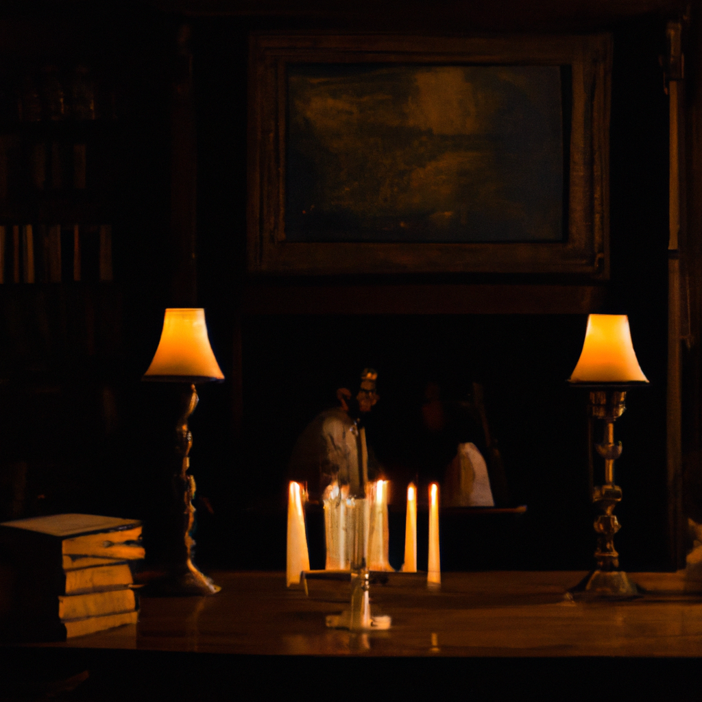 A captivating image of a couple in a historical setting, surrounded by books and candles.