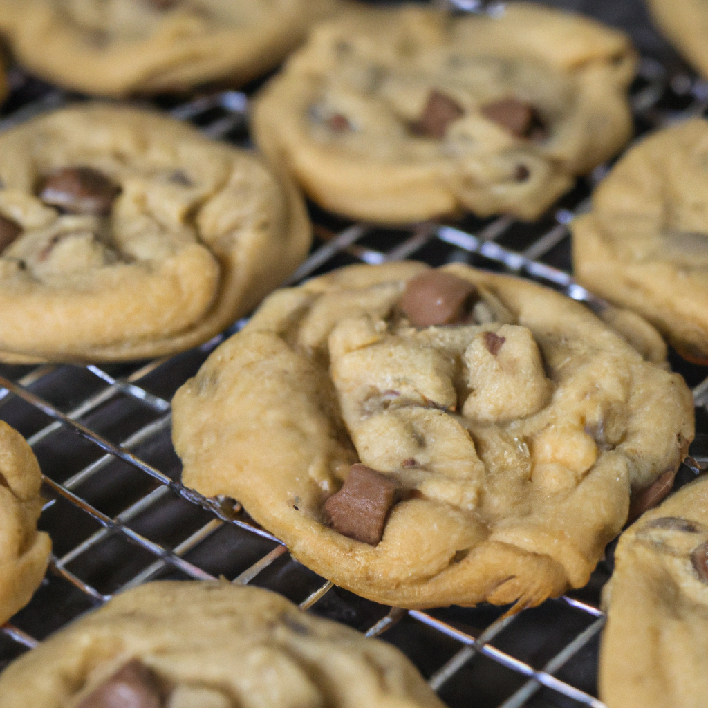 A mouthwatering close-up of freshly baked chocolate chip cookies sitting on a cooling rack.