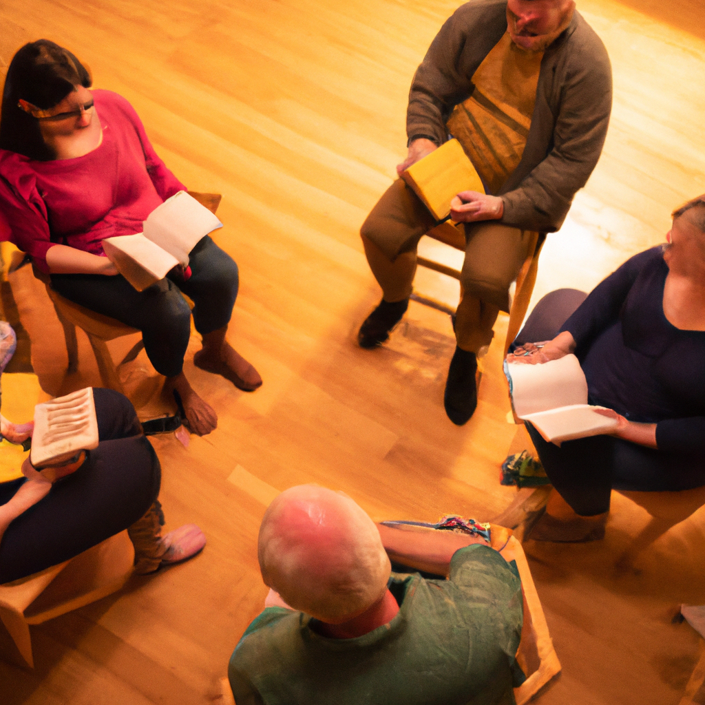A cozy image of a group of people sitting in a circle and discussing a book in a warmly lit room.