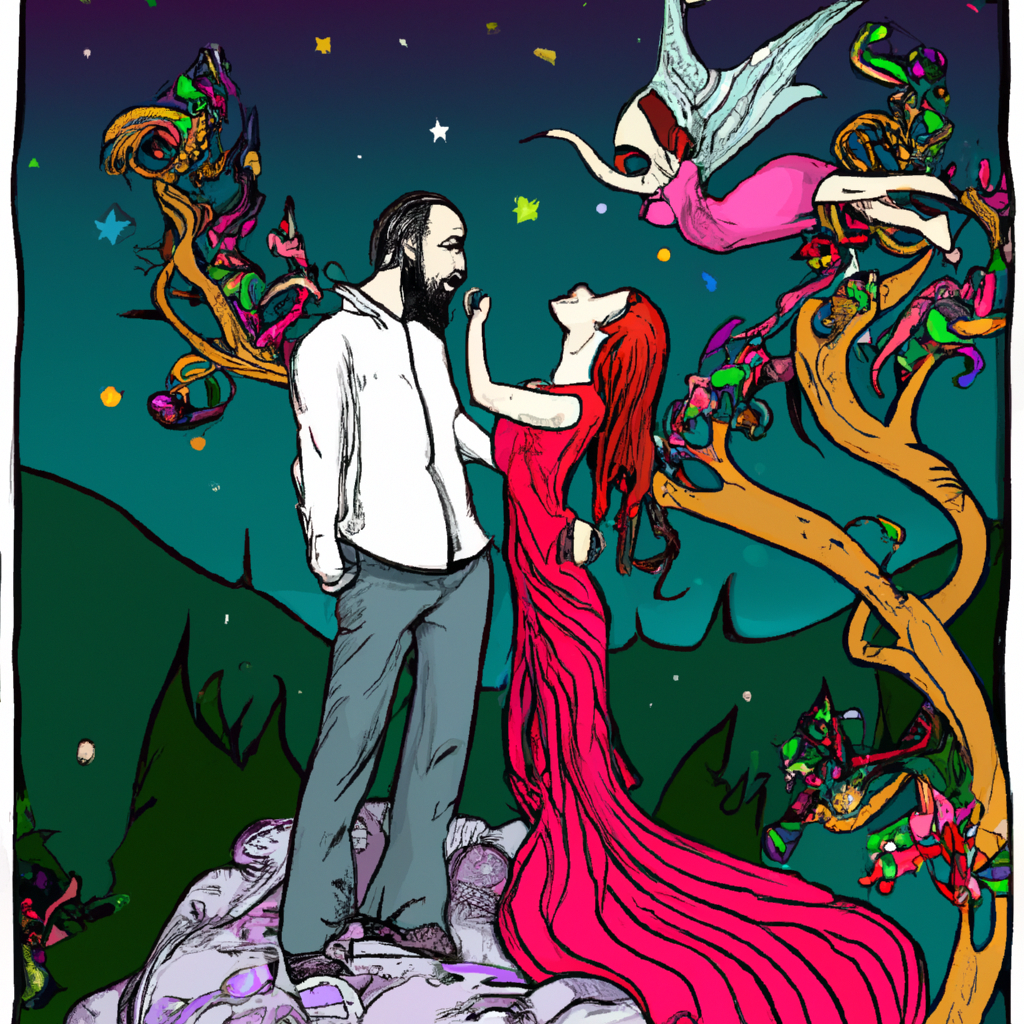An image of a couple in a fantastical realm, surrounded by magic and enchantment.