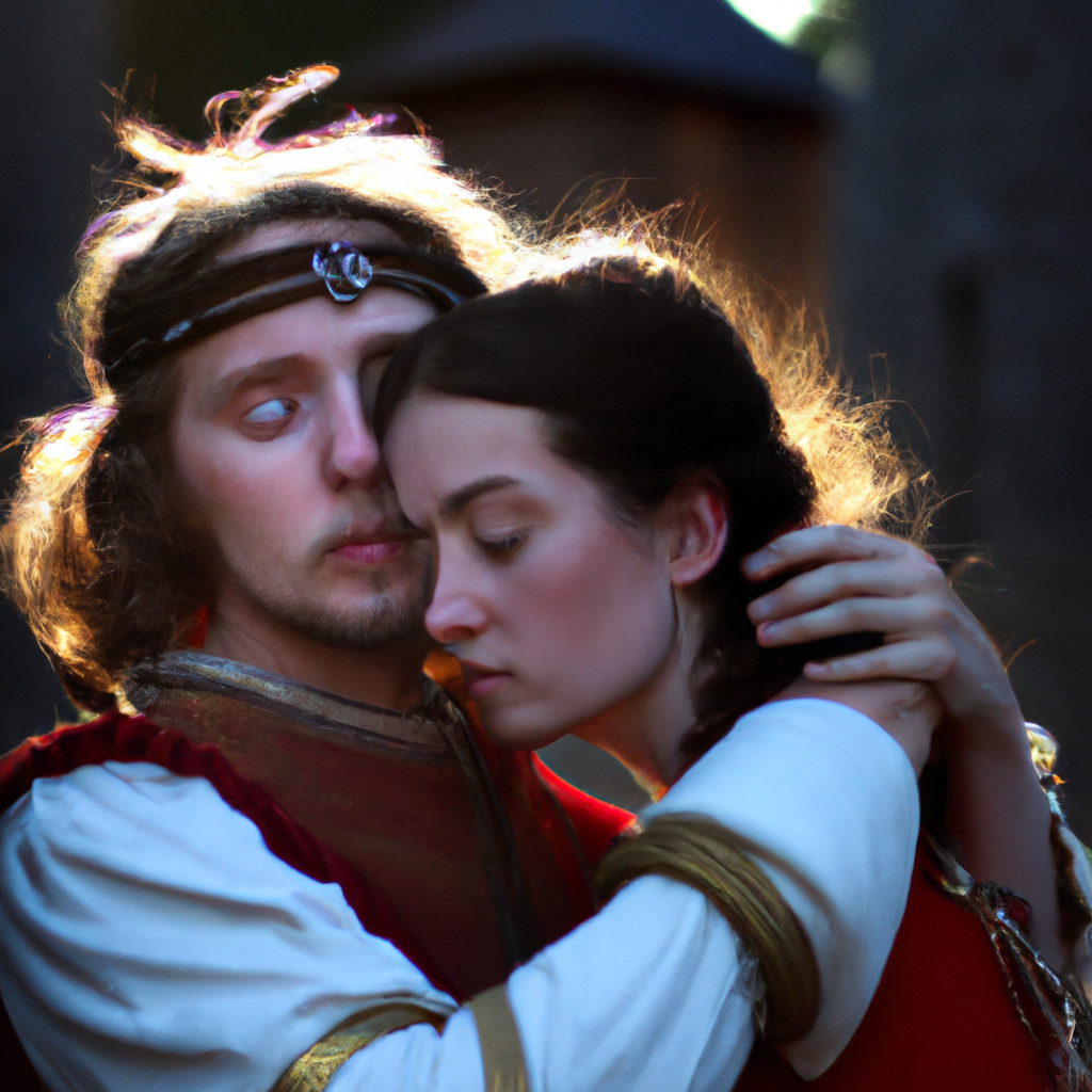 A magical image of a couple in historical clothing, lost in a passionate embrace.