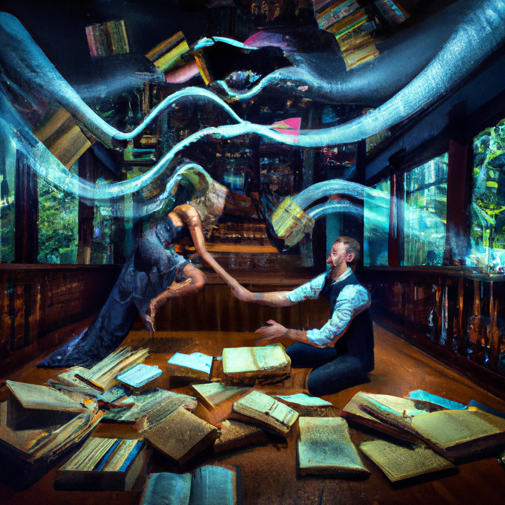 An image of a couple in a magical fantasy setting, surrounded by floating books and swirling magic.