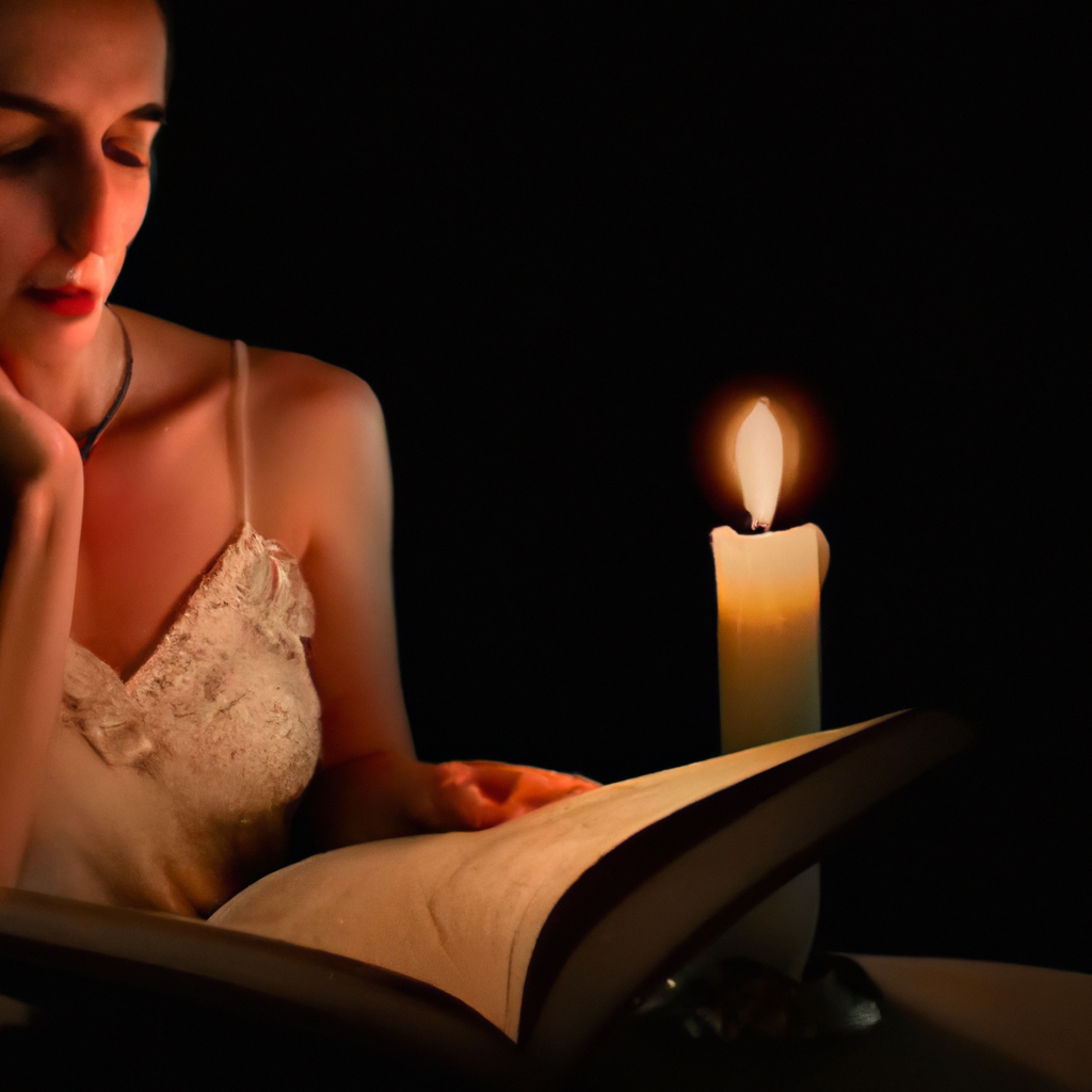A beautiful image of a woman reading a classic romance novel by candlelight.