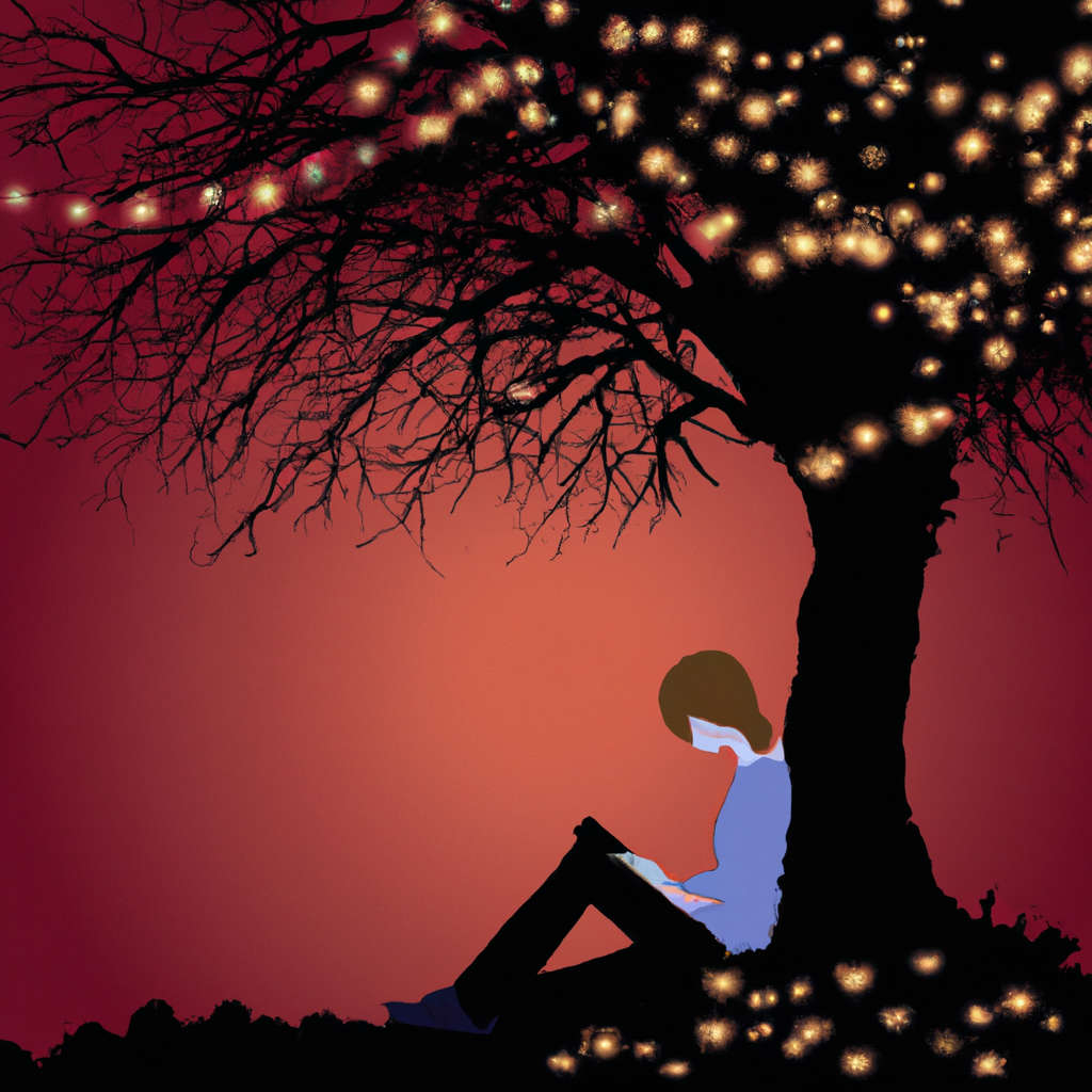An image of a person reading a romance novel under a fairy-lit tree.