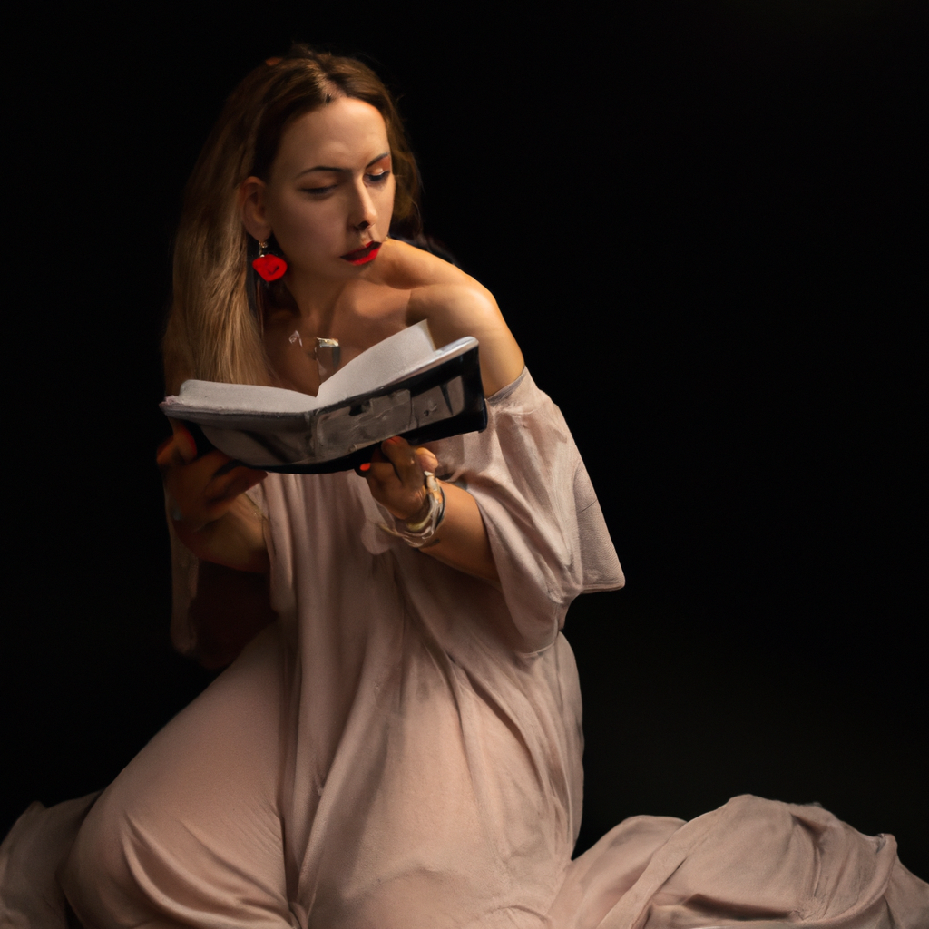 A beautiful and empowering image of a woman reading a romance novel, lost in the captivating story.