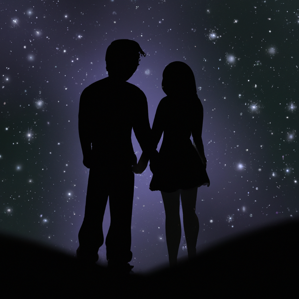 A romantic background image featuring a couple holding hands under a starry night sky.