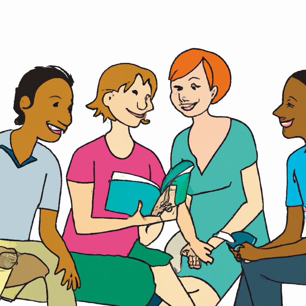 An image of a diverse group of people sitting together and discussing a book.