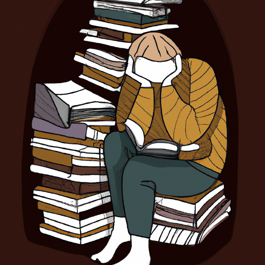 A visual representation of a person sitting in a cozy reading nook, surrounded by stacks of books and fully engrossed in a book.