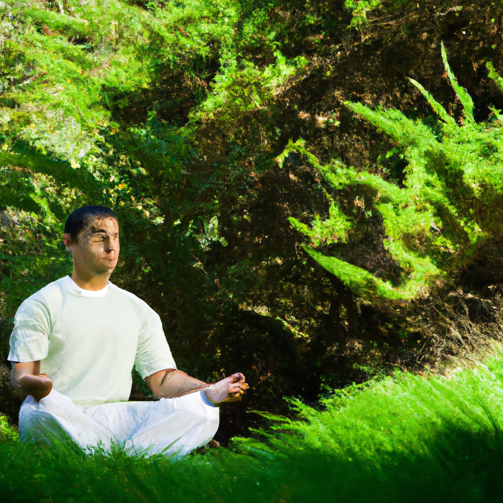 A peaceful image of a person meditating in a serene natural setting.