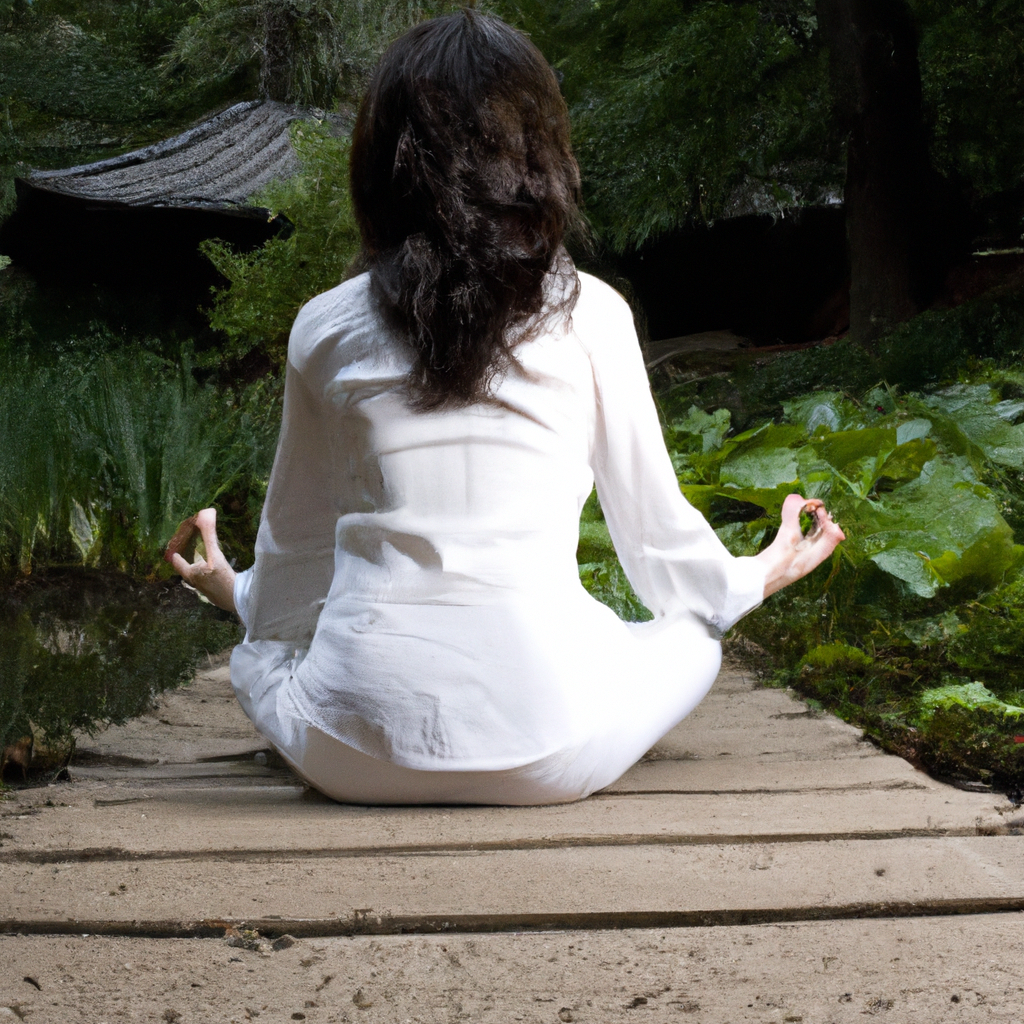 A peaceful scene of a person meditating in a serene natural setting.