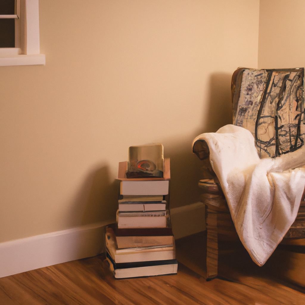 A cozy reading nook with a comfortable chair, a warm blanket, and a stack of books.