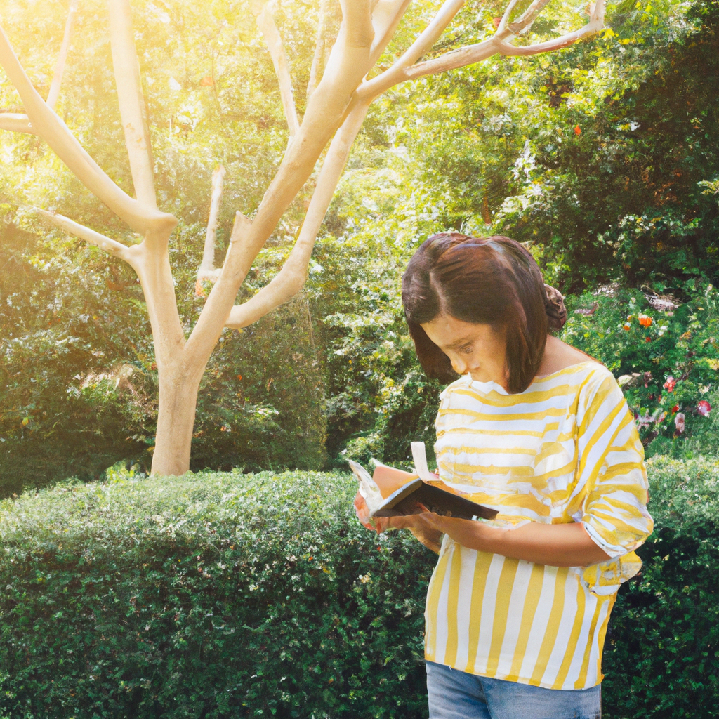A woman reading a book in a peaceful garden.