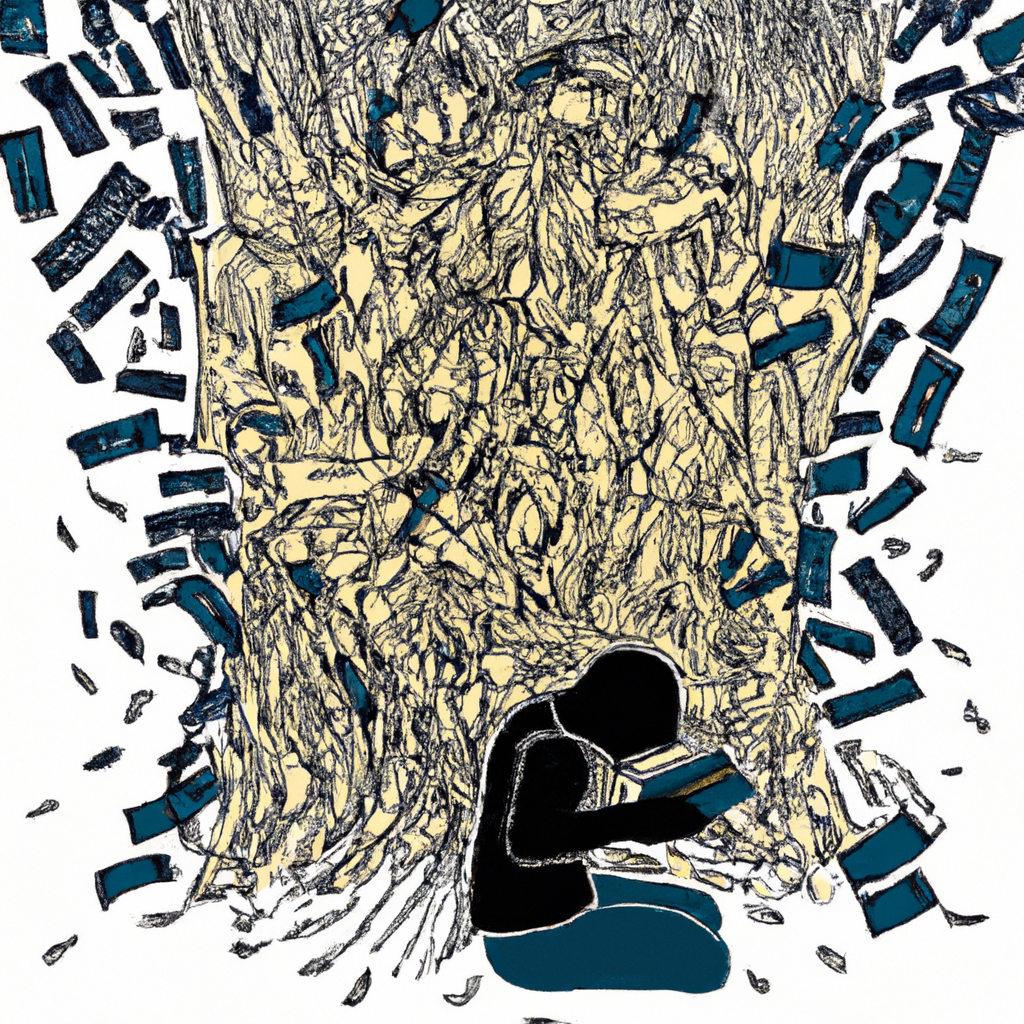 An image of a person engrossed in a book, surrounded by a swirling cascade of words.