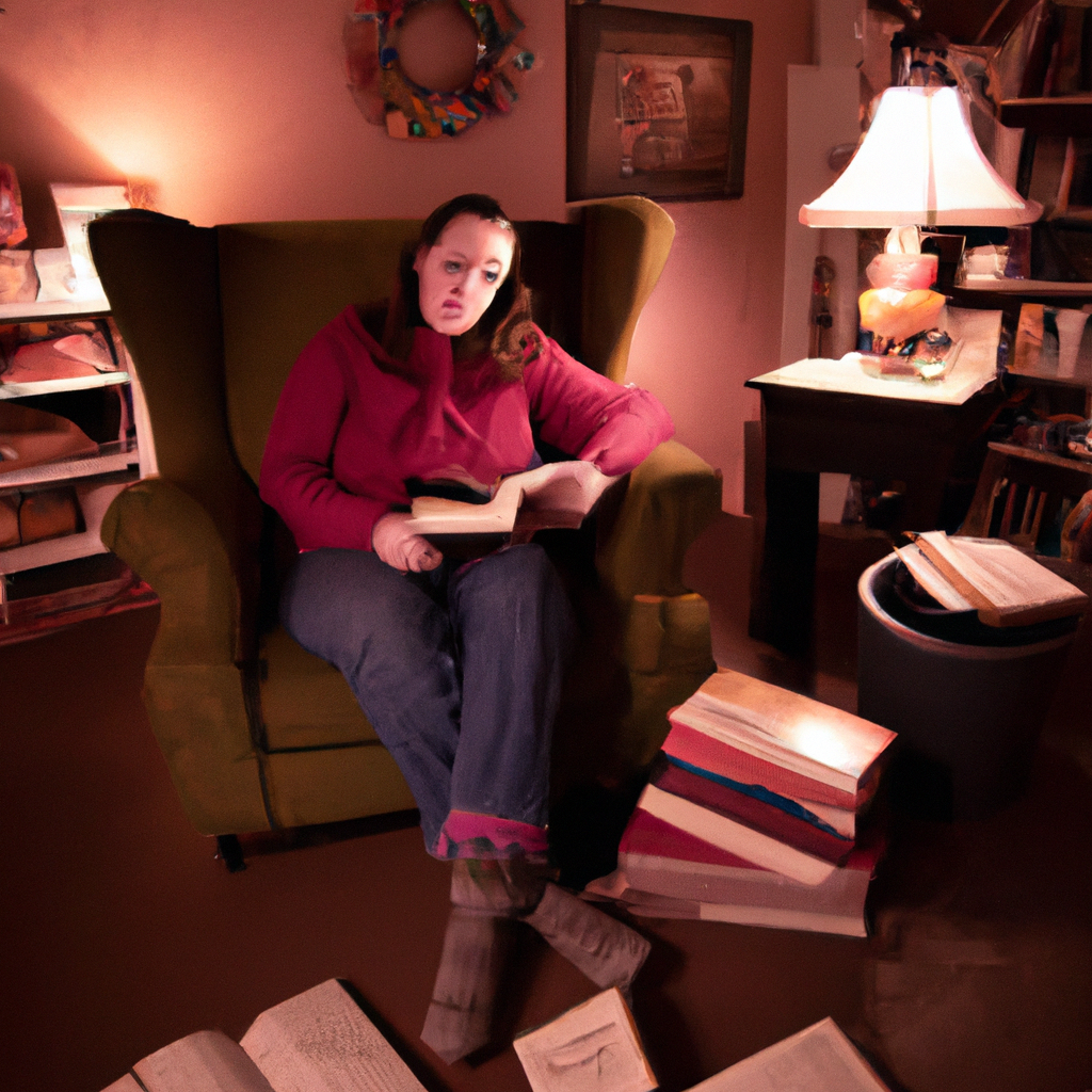 A woman sitting in a cozy reading nook, surrounded by books and lost in a captivating story.