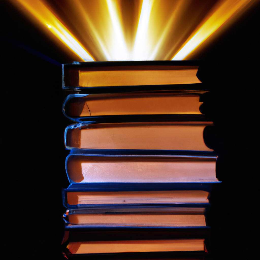 A stack of books surrounded by rays of light, symbolizing the transformative power of reading.