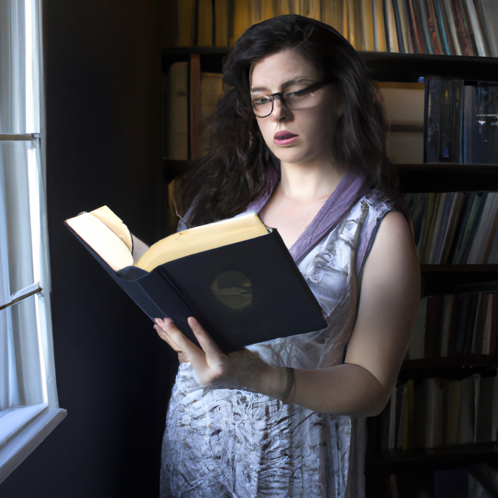 A beautiful image of a woman reading a romance novel in a cozy library.