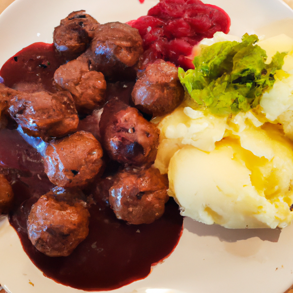 An image of a plate of mouthwatering Swedish meatballs served with mashed potatoes and lingonberry sauce.