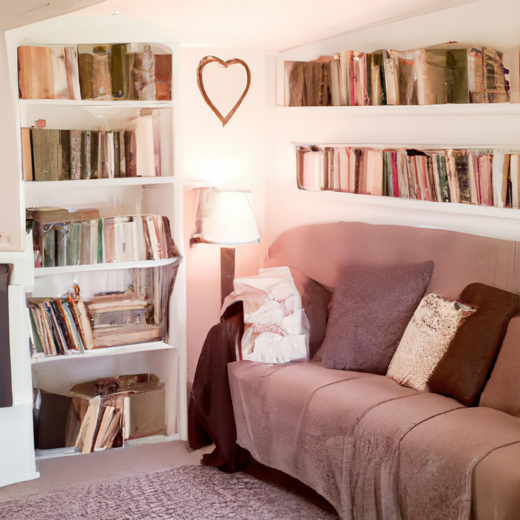 A cozy reading nook with shelves filled with classic romance novels