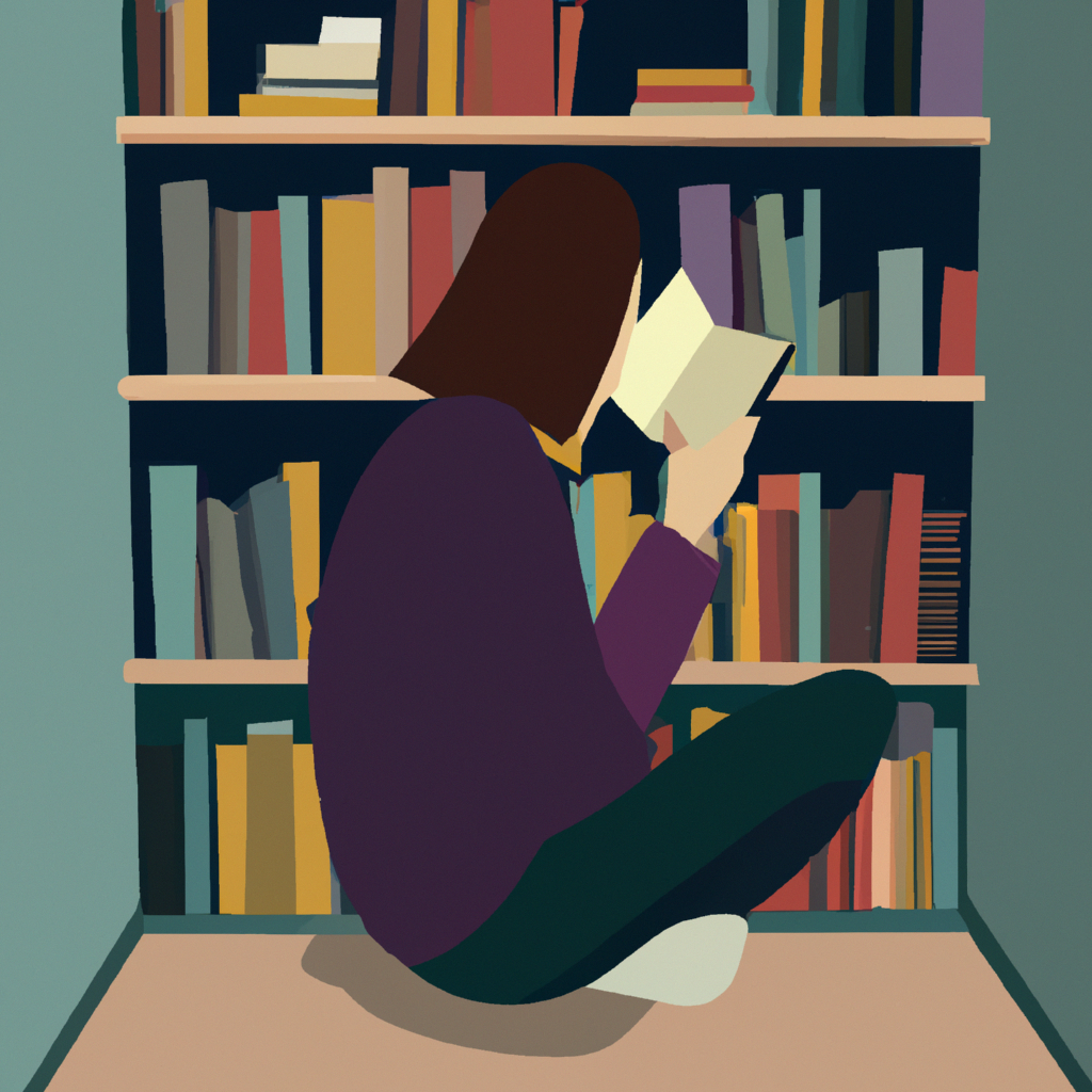 An image of a person sitting in a cozy reading nook with a book in hand, surrounded by shelves filled with books.