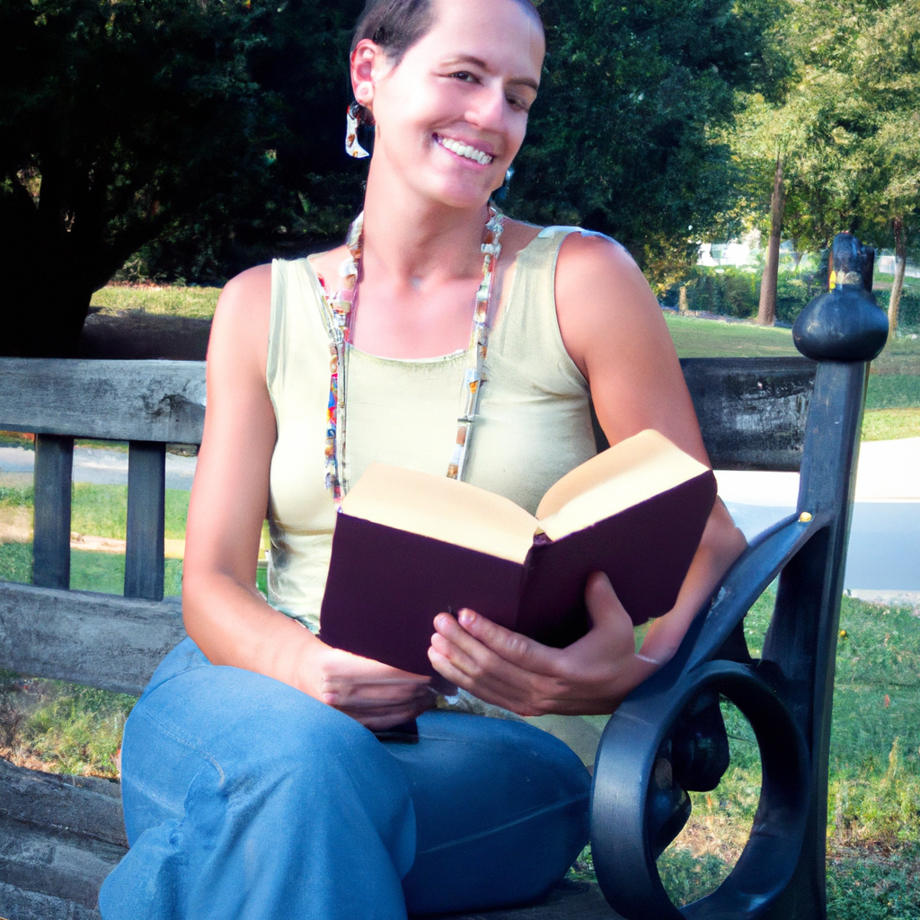 A woman sitting on a park bench, engrossed in a book and smiling.